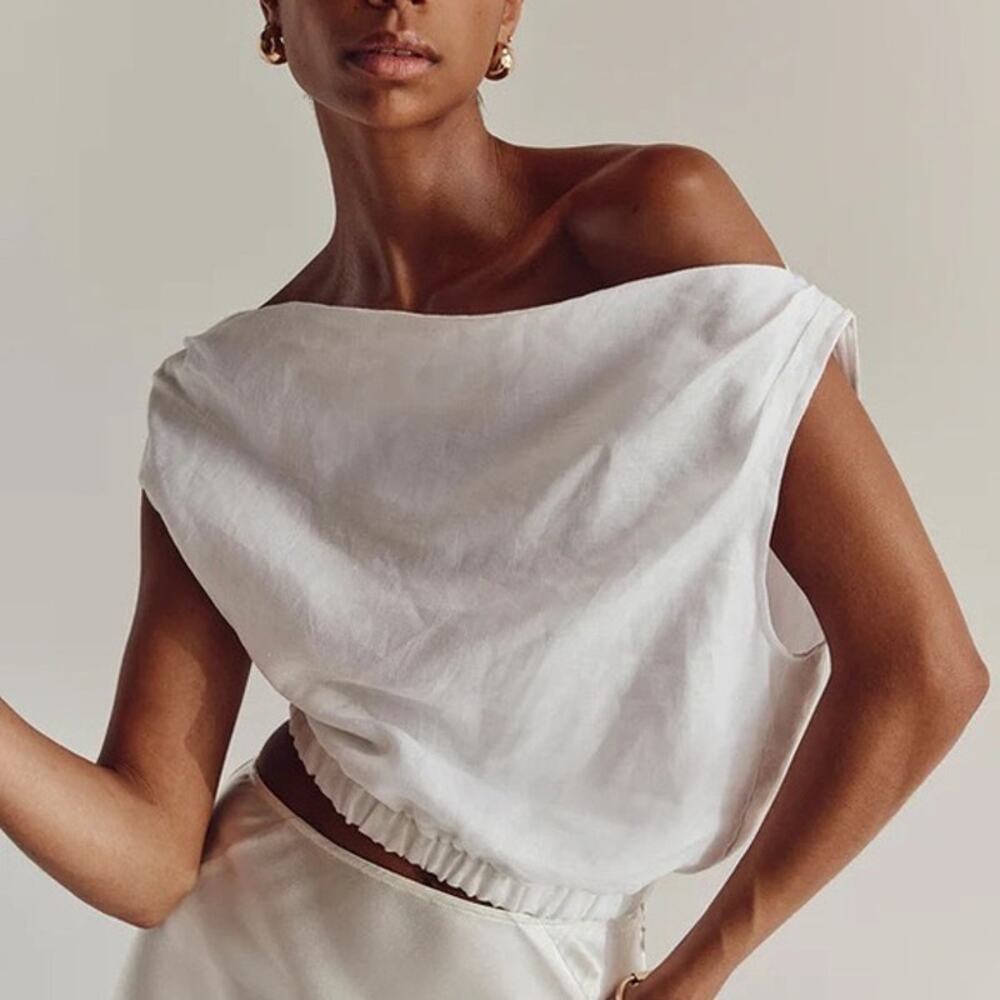 Dissh top white linen off shoulder cinch waist crop minimalist us 6 eu 38 nwt